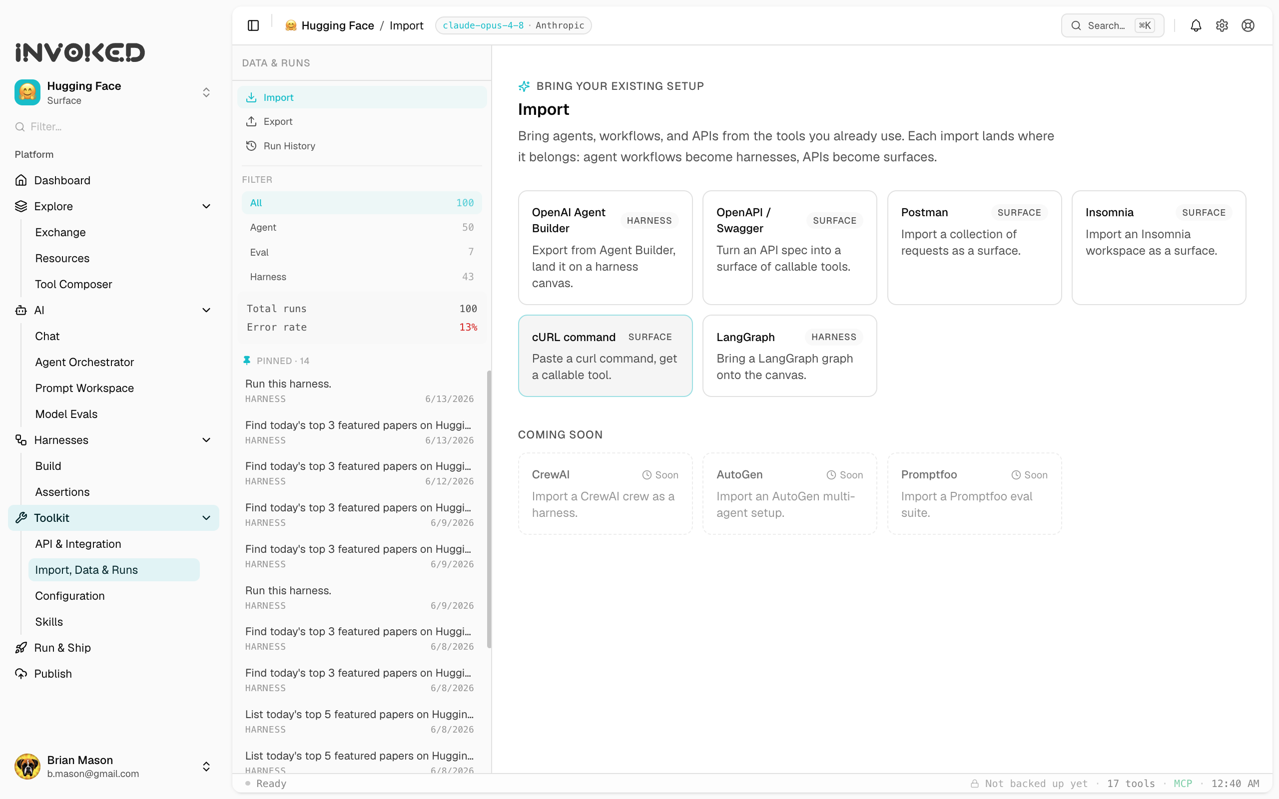 Invoked detects the OpenAI Agent Builder format before importing, mapping agents, guardrails, tools, and connections onto a harness canvas